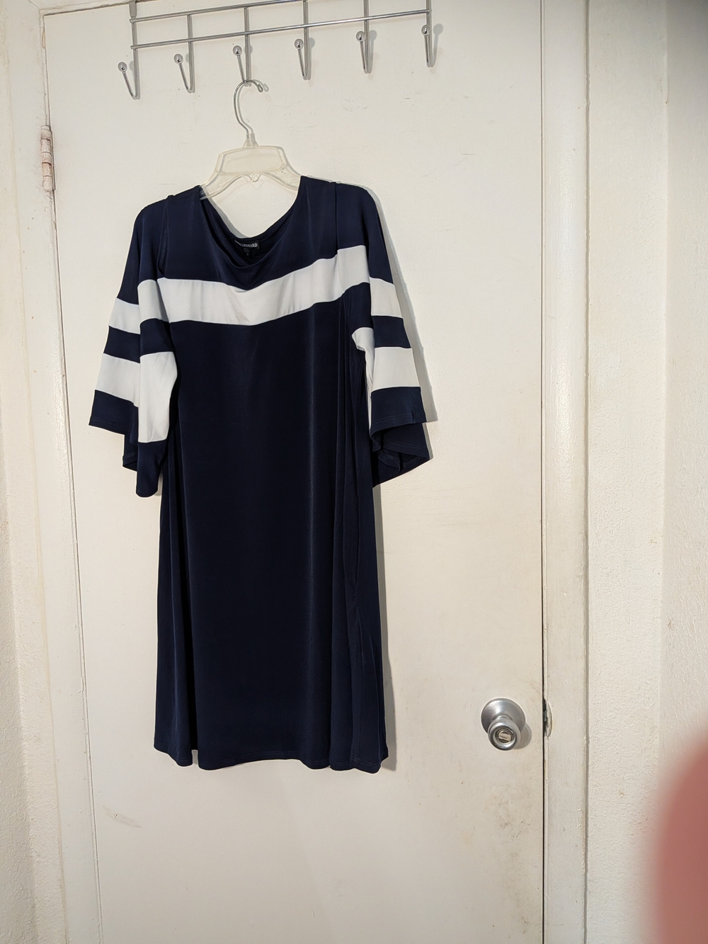Nina Leonard Navy and White Stripe Midi Dress